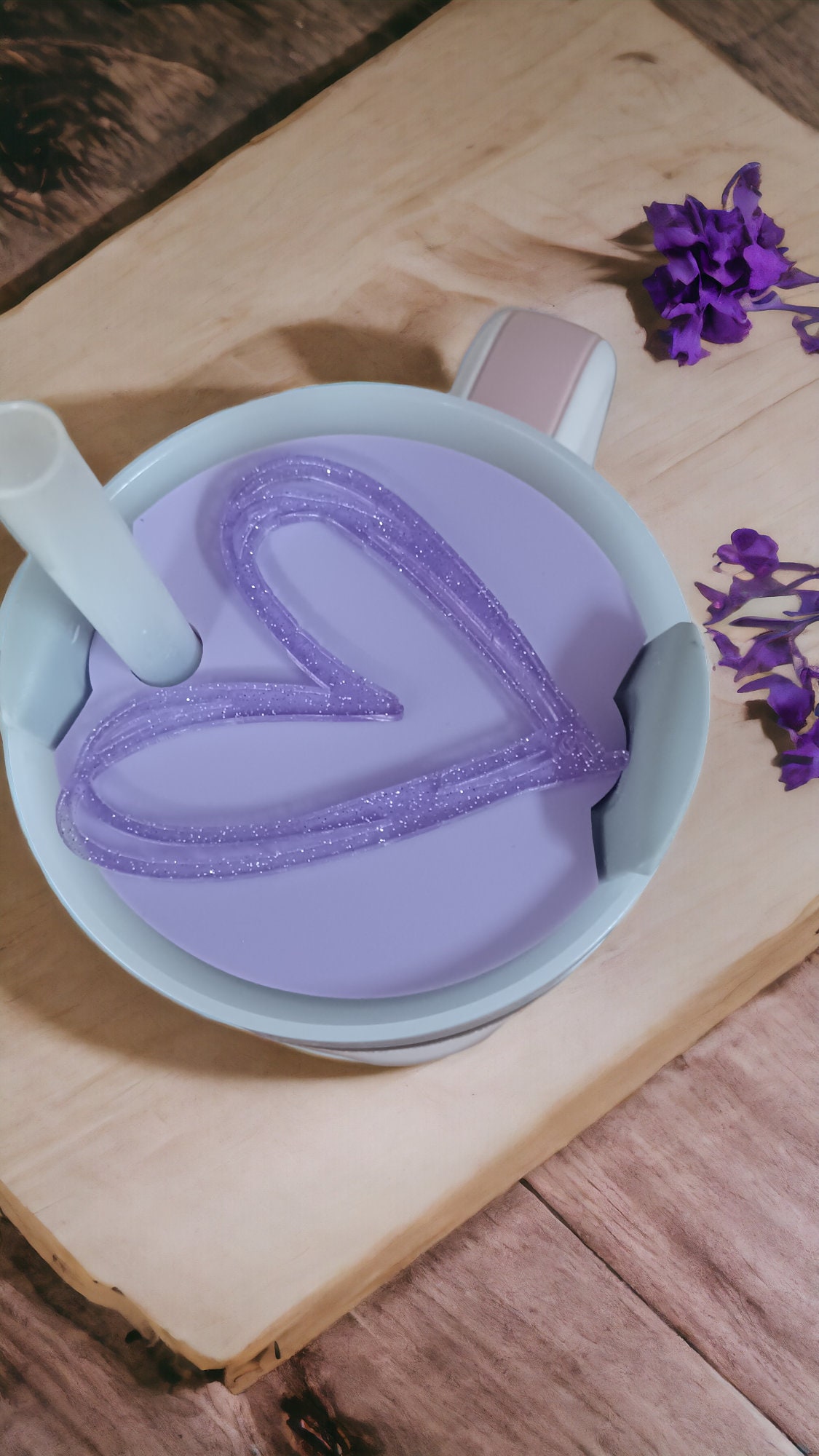 Acrylic Stanley Tumbler Topper, Purple Glitter Heart, 30/40 oz